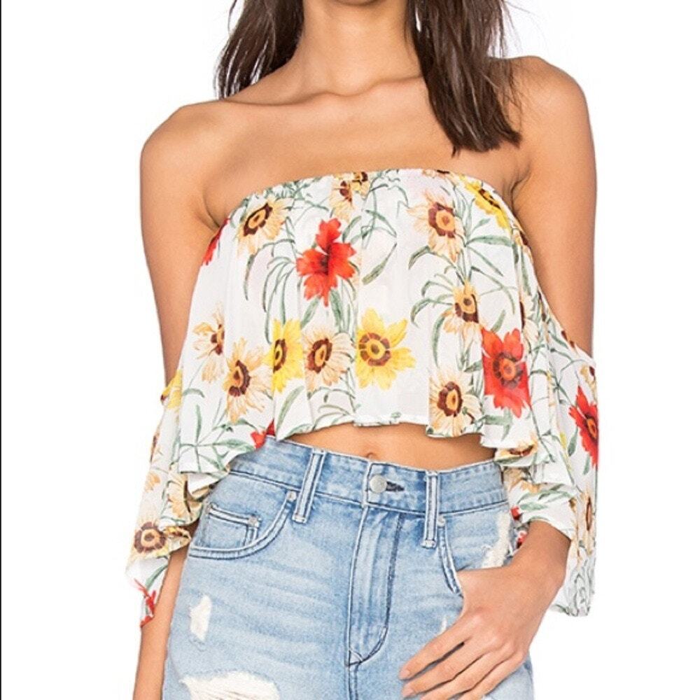 Wildfox Yellow Floral Off-the-Shoulder Flowy Boho Summer Beach Crop Top S
